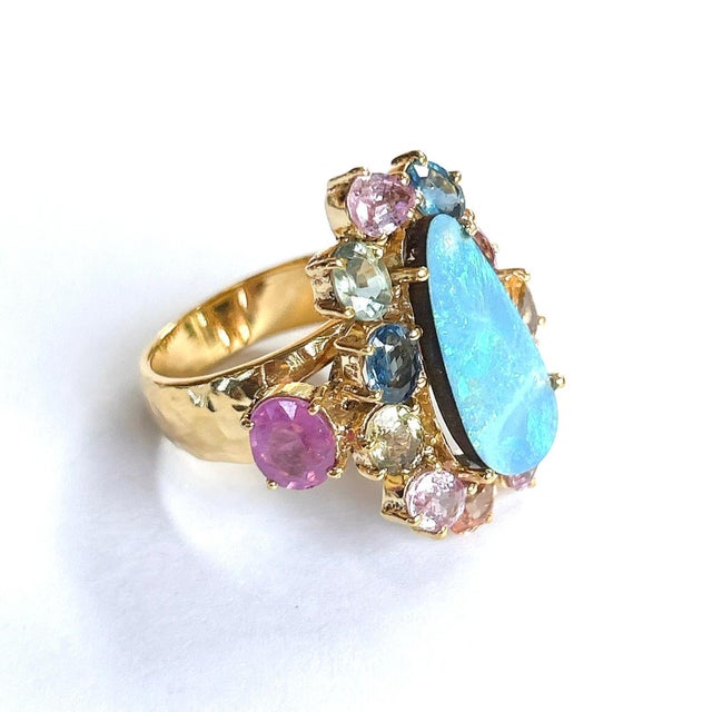 Contemporary Bochic “Orient” Multi Color Fancy Sapphires & Opal Ring Set 18K Gold & Silver, Size 8 For Sale - Image 3 of 11