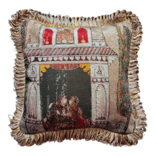 Indian Chinoiserie Velvet Pillow With Fringe - Garden Fantasy in Tan With Tan Backing For Sale
