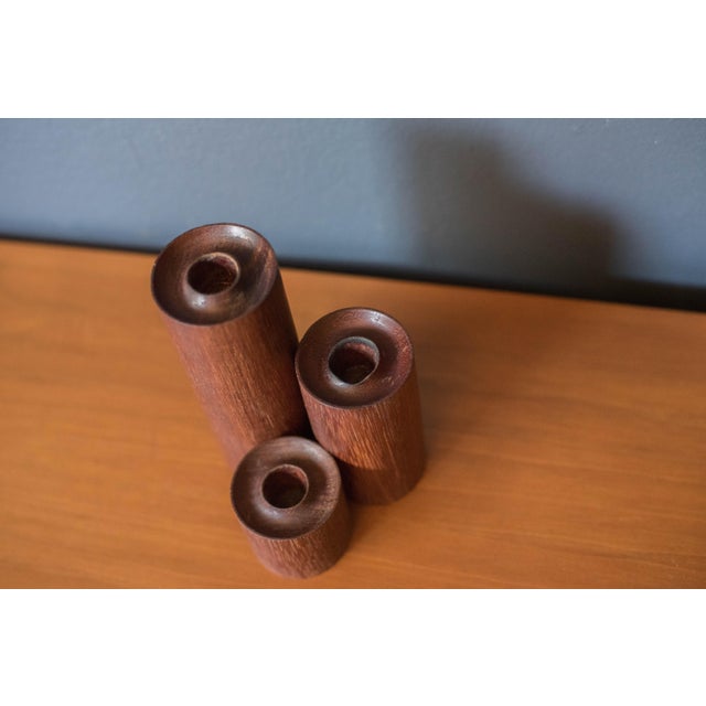 Set of Three Sculptural Teak Mid Century Modern Candlestick Holders For Sale In Monterey, CA - Image 6 of 7
