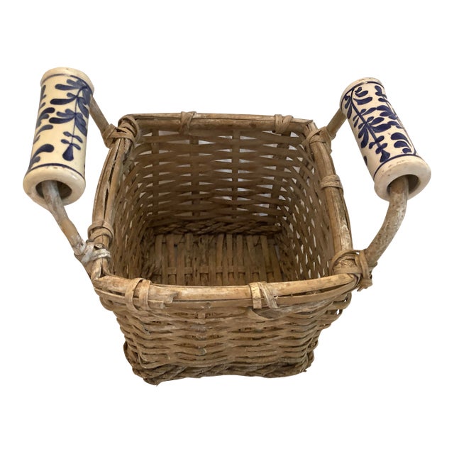 1910s Antique Basket With Delft Ceramic Handmade Basket. For Sale