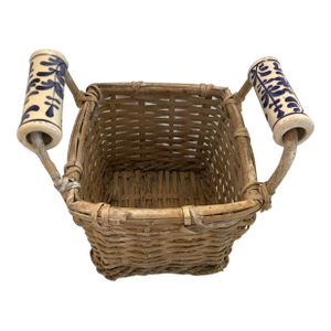 1910s Antique Basket With Delft Ceramic Handmade Basket.