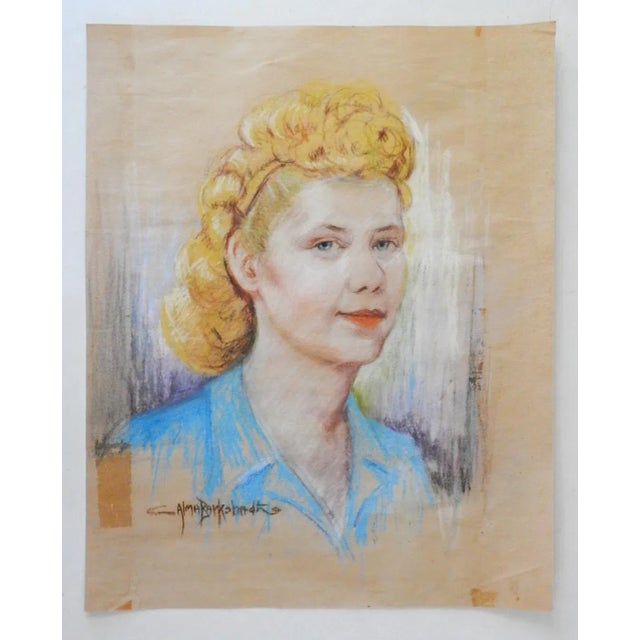 Mid-Century Modern Mid 20th Century Alma Barkshadt Blonde Woman Pastel Portrait Painting For Sale - Image 3 of 3
