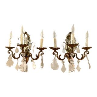 Early 20th Century Pair of French 3-Arm Candelabra Crystal Mirror Sconces For Sale