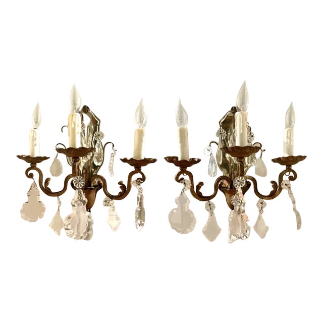 Early 20th Century Pair of French 3-Arm Candelabra Crystal Mirror Sconces For Sale