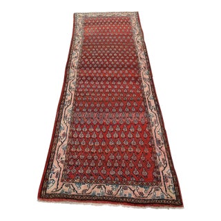 Mir Runner 3’6” X 9’3” Red Wool Vintage Tribal Hand-Knotted Oriental Rug For Sale
