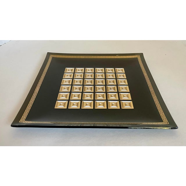 Mid-Century Modern Art Deco Smoky Glass and Gold Geometric Glass Tray Trinket Dish For Sale - Image 3 of 7