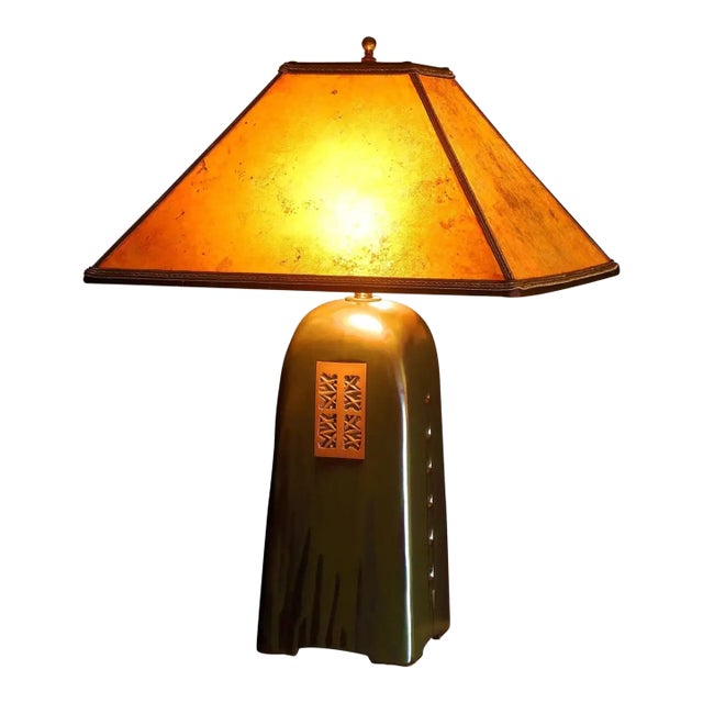 Handcrafted Onyx Glaze Lamp With Amber Mica Shade For Sale