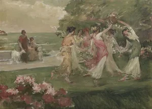 Acatius Lino, Landscape with Animals and Dancing Female Figures, Oil on Canvas
