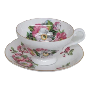 Stanley England Bone China Pink Floral White Gold Tea Cup and Saucer Set