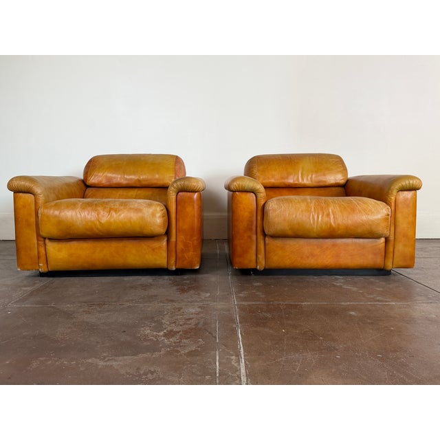 Vintage 1970's Italian Cognac Leather Lounge Chairs For Sale - Image 10 of 16