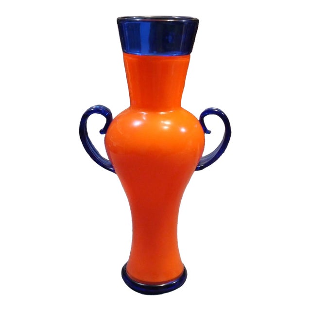 2001 Ipso Facto Art Glass Contemporary Style Orange/Blue Double Handled Vase For Sale