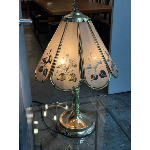 Contemporary Vintage Marco Polo Floral Etched Glass Table Lamp For Sale - Image 3 of 12