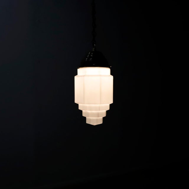1930s Art Deco Milk Glass Skyscraper Pendant Light For Sale - Image 16 of 16