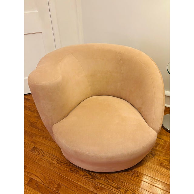 2000 - 2009 Pair of Vladimir Kagan Swivel Chairs With Crescent Ottoman in Blush Microsuede For Sale - Image 5 of 8