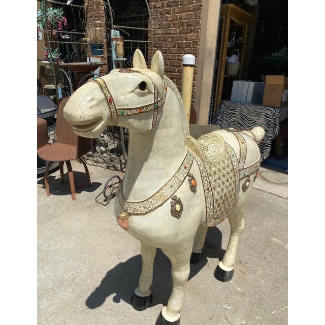 Oversized Vintage Marble Horse Statue With Gem and Gold Details For Sale - Image 4 of 7