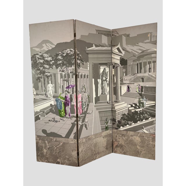 Classical Roman Zuber Tri-Fold 3 Part Mural Screen Gray Tones Pink Purple Green Figures For Sale - Image 3 of 12
