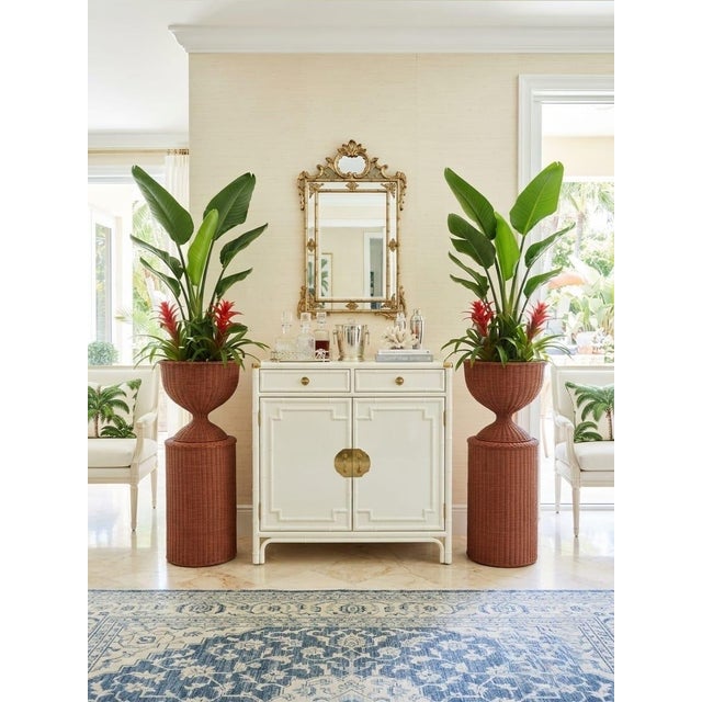 Cinnamon Pair of Vintage Woven Wicker Urn Planters on Cylindrical Pedestals For Sale - Image 8 of 12