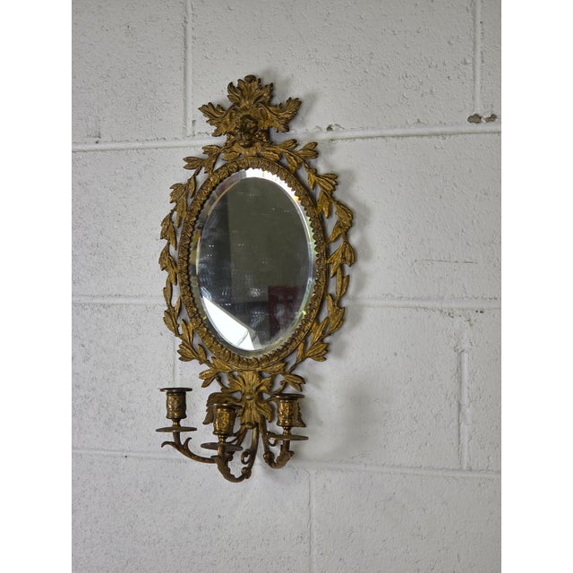 Polished Brass Lion Head 3 Arm Candelabra With Mirror For Sale - Image 4 of 6