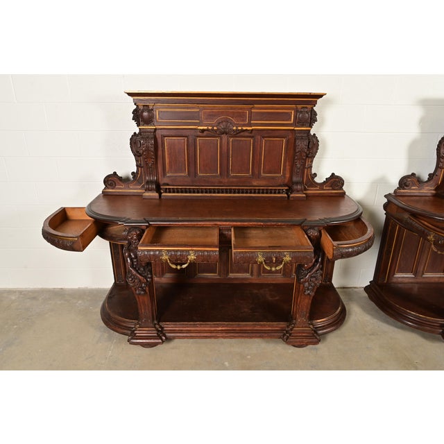 Wood R. J. Horner Renaissance Revival Ornate Carved Oak Sideboards or Bar Cabinets, Circa 1880s For Sale - Image 7 of 14