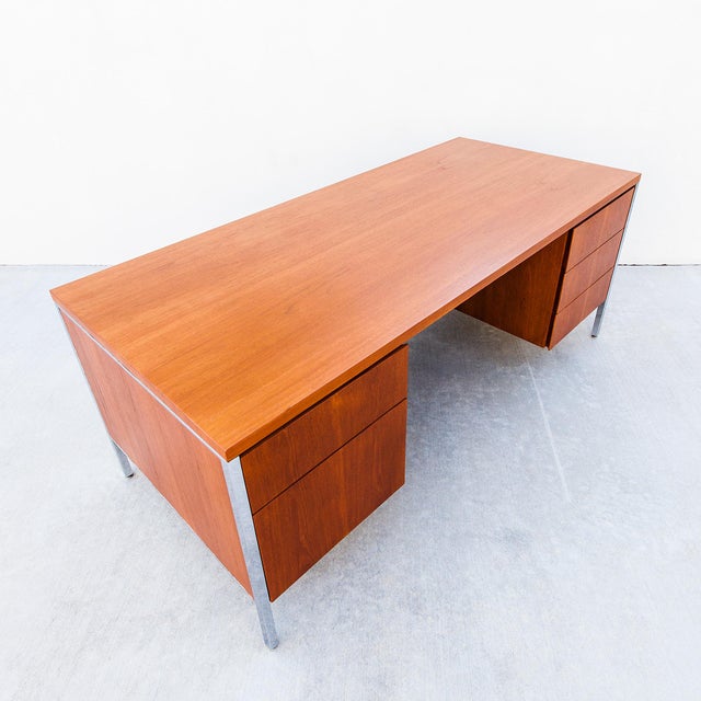 Vintage 1960s Mid Century Modern Teak & Chrome Executive Desk After Florence Knoll For Sale - Image 10 of 14