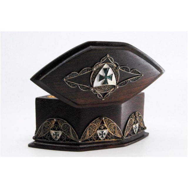 Wooden Jewelry Box with Silver Coat of Arms Applications and Velvet Interior For Sale - Image 9 of 11