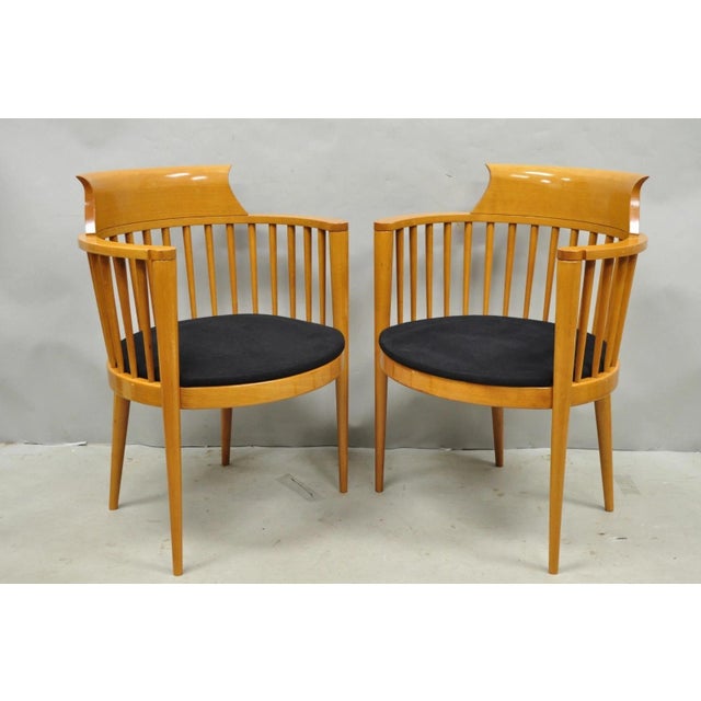 Vintage Postmodern Maple Wood Spindle Barrel Back Lounge Arm Chairs - A Pair For Sale - Image 15 of 15