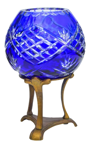 Blue Crystal-Cut Vase W/ Brass Stand