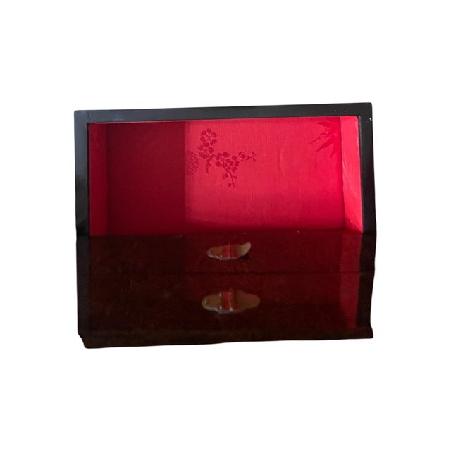 Vintage Midcentury Chinoiserie Brown Lacquer Shell Inlay Jewelry Box Cabinet For Sale - Image 10 of 15