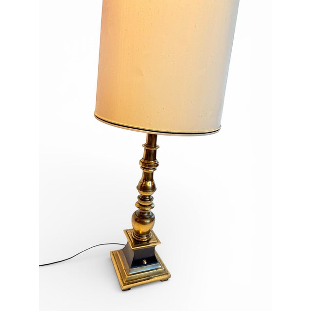 1960s 1960s MCM Torchiere Lamp Stiffel, Candle Stick Neoclassical Brass Finish With Original Shade & Finial. 3-Way Elc. For Sale - Image 5 of 12