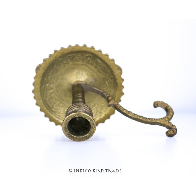 19th Century Antique Solid Brass Middle East Arabian Candlestick With Handle For Sale - Image 5 of 7