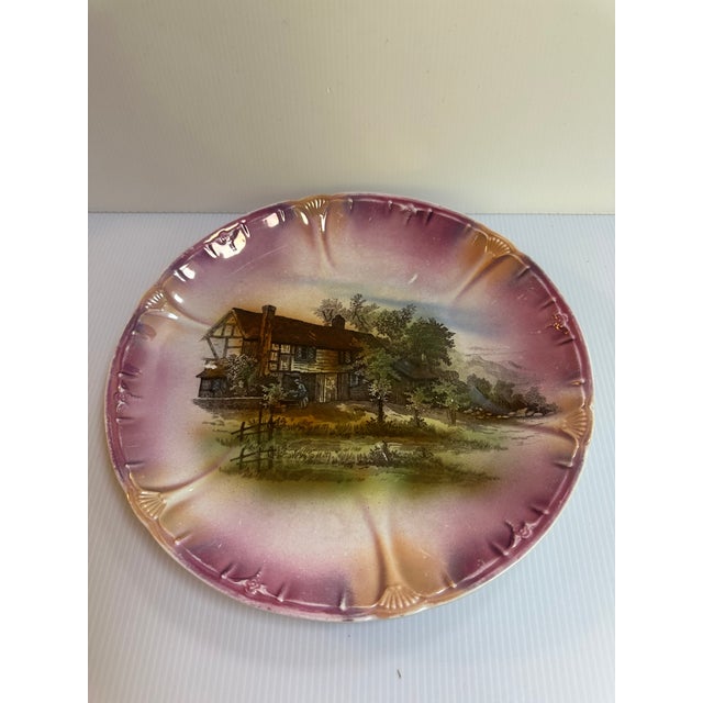 Arts & Crafts Antique Franz Anton Mehlem Bonn Germany 11" Diameter Porcelain Decorative Plate Scallop Edges Landscape Scene For Sale - Image 3 of 18