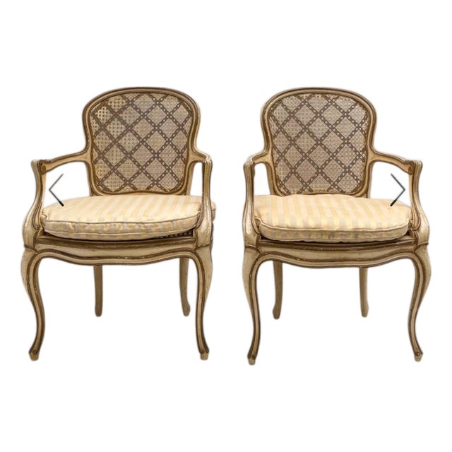 1950s French Louis VI Style Gilt and Painted Bergere Chairs, Pair For Sale