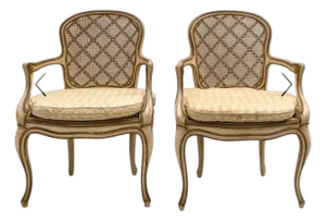 1950s French Louis VI Style Gilt and Painted Bergere Chairs, Pair