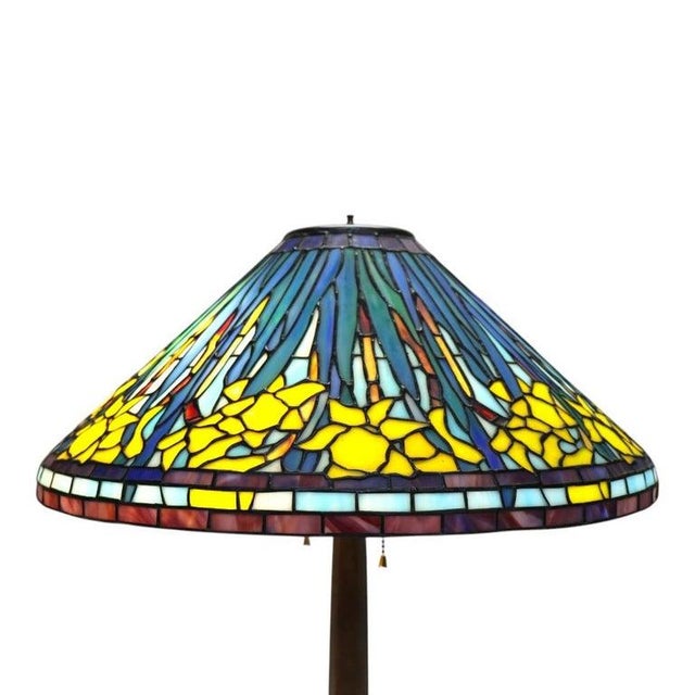 Late 20th Century Tiffany Style Leaded Stained Glass Daffodil Table Lamp With Bronzed Base For Sale - Image 13 of 15