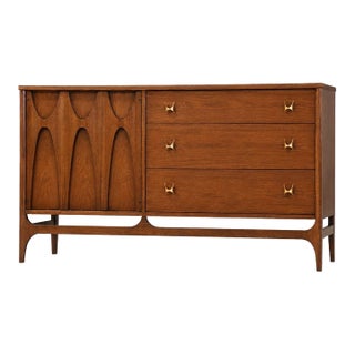 1960s Refinished Broyhill Brasilia 54” Walnut Dresser Credenza For Sale