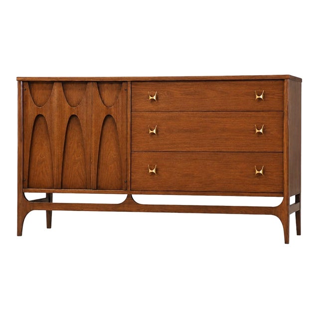 1960s Refinished Broyhill Brasilia 54” Walnut Dresser Credenza For Sale