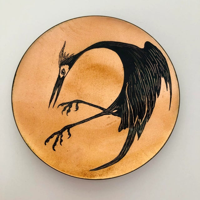 Vintage Midcentury Signed Enamel Mythical Bird Plate For Sale In New York - Image 6 of 6