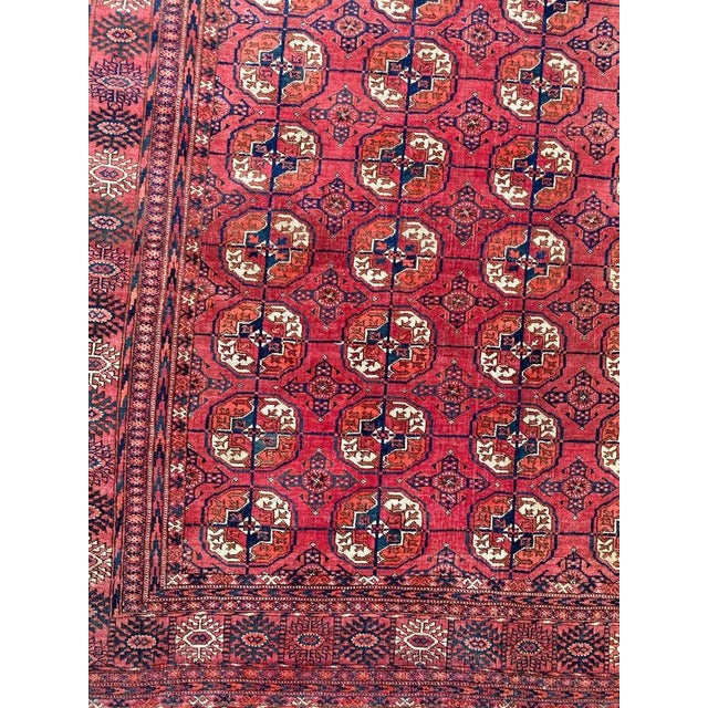 Nice vintage Turkmen rug with beautiful Bokhara design and nice colors, entirely hand knotted with wool velvet on wool...