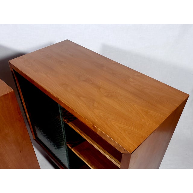 Pair of Vintage Original Mid-Century Modern Walnut Finish All Wood Display Cabinets With Adjustable Shelves and Sliding Wire Glass Doors For Sale - Image 16 of 18