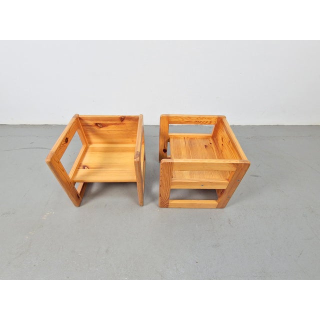 Pine Children's Table Chairs attributed to Marcel Gascoin, France, 1970s, Set of 2 For Sale - Image 6 of 9