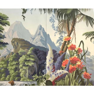 Panoramic Hand‑Painted Wall Panel, Tropical Mountain Landscape Mural For Sale