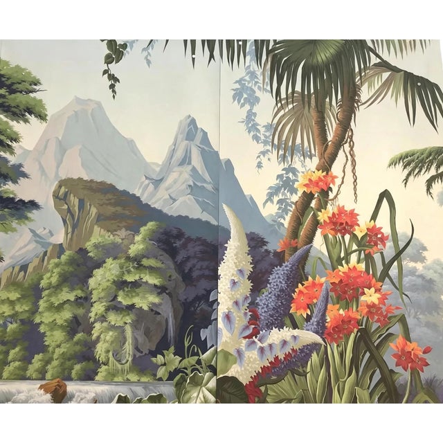 Panoramic Hand‑Painted Wall Panel, Tropical Mountain Landscape Mural For Sale