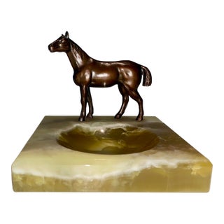 Vintage Metal Horse on Green Marble Base For Sale