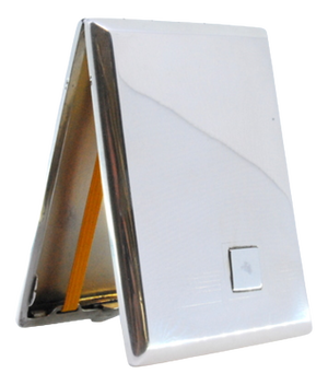 Silver Cigarette Case with Surface Engravings Surrounding a Monogram Card, Gold Interior and Hinged Lid.