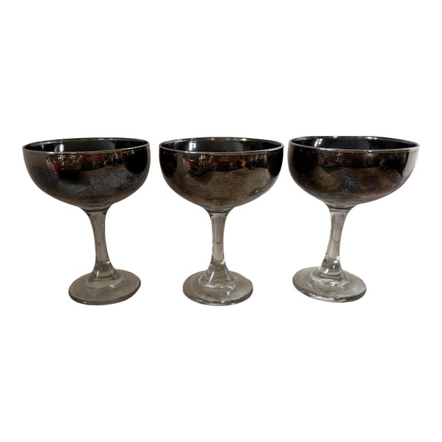 Vintage Smoke Gray Silver Ombre Champagne Coupe Glasses, Set of 3 | Hollywood Regency Barware For Sale