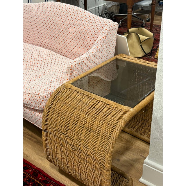 Cinnamon Pair 1970s Wicker-Wrapped Metal Waterfall End Tables With Original Glass For Sale - Image 8 of 8