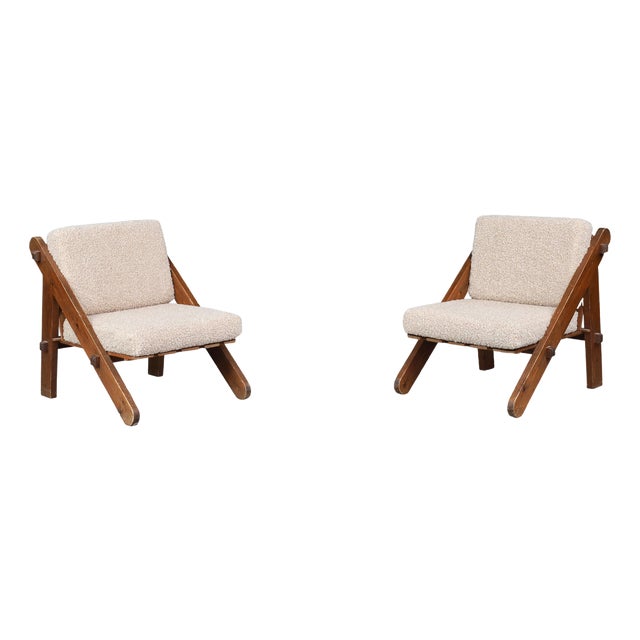 Pinewood Lounge Chairs in Teddy Upholstery, France, 1970s, Set of 2 For Sale
