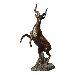 Chinese Gilt Bronze Ibex / Ram Sculpture - 13" Tall For Sale