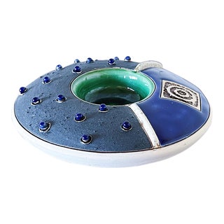 Mid-Century Ceramic Trinket Dish in Art Deco Inspired Multi-Dimensional Abstract Pattern of Blue and Green For Sale