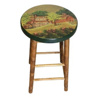 1994 Signed American Folk Art Hand-Painted Farm Scene Wood Counter Stool For Sale